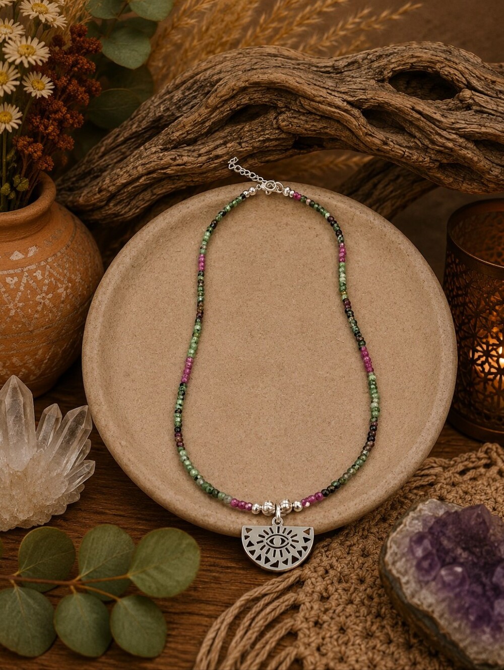 Ruby Zoisite Evil Eye Necklace | 16" Natural 2mm Faceted Gemstone Necklace
